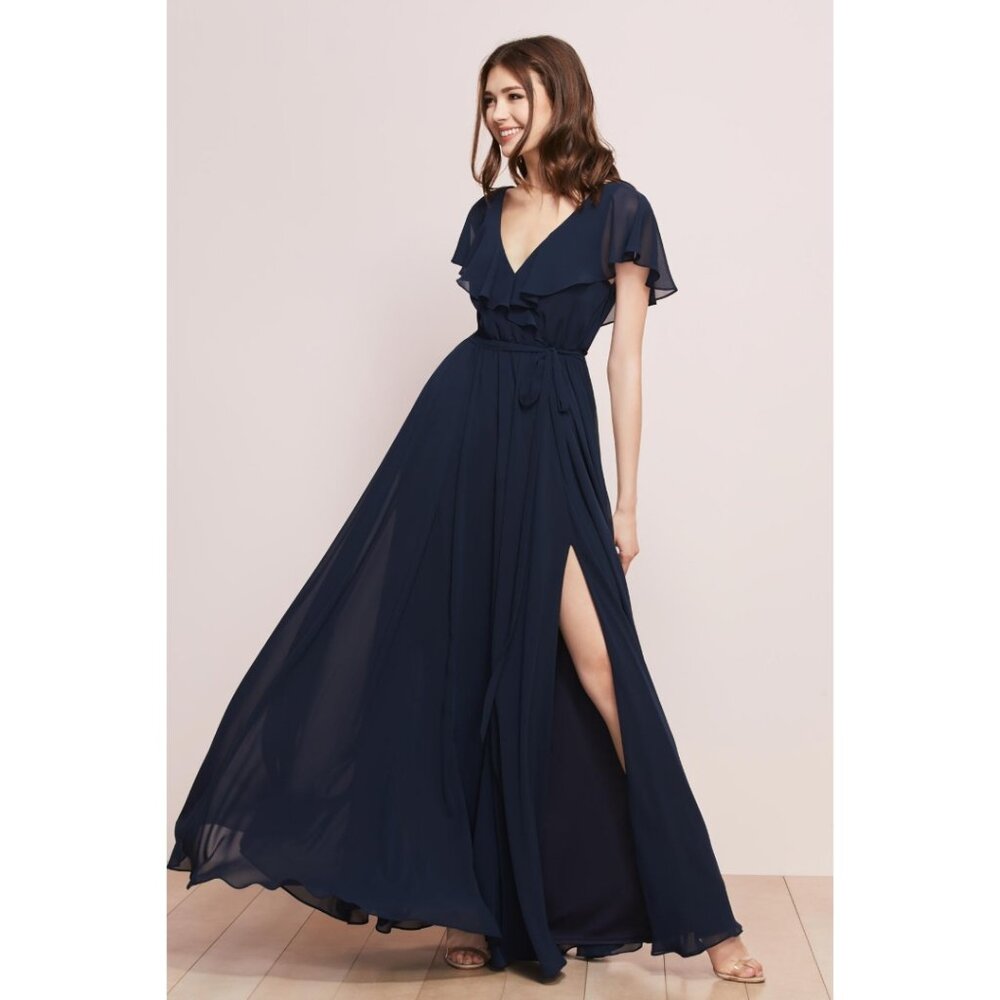 WTOO Jordi. Long Chiffon Formal Dress. Ruffle Sleeve. Slit. Size 14